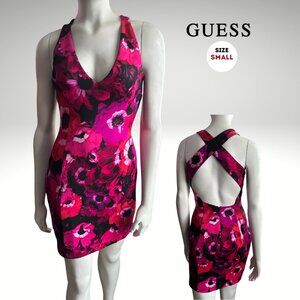 GUESS Pink Floral Bodycon Dress – Open Back Crisscross – Size S